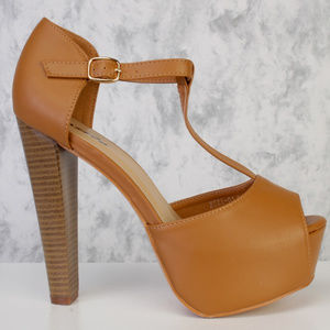Cognac T Strap Shine Finish Peep Toe Platform High